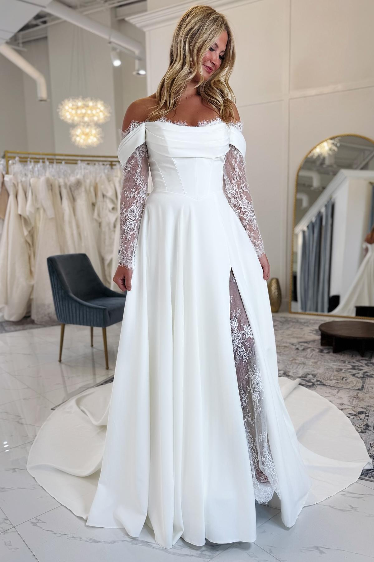 Schlichte Brautkleider mit Spitzen Ärmel A Linie Hochzeitskleider