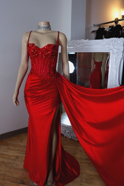 Rot Abendkleider Lang Träger Satin Bodenlang Abendmoden Abiballkleider Günstig