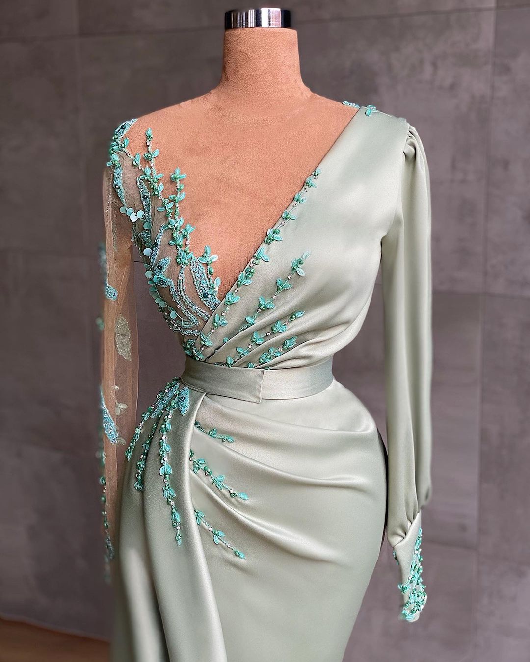 Mint Abendkleid Mit Ärmel | Abiballkleider Lang Günstig-Misshow.de