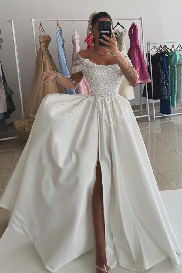Weiße Abendkleider Lang Satin Abiballkleider Ballkleider mit Glitzer