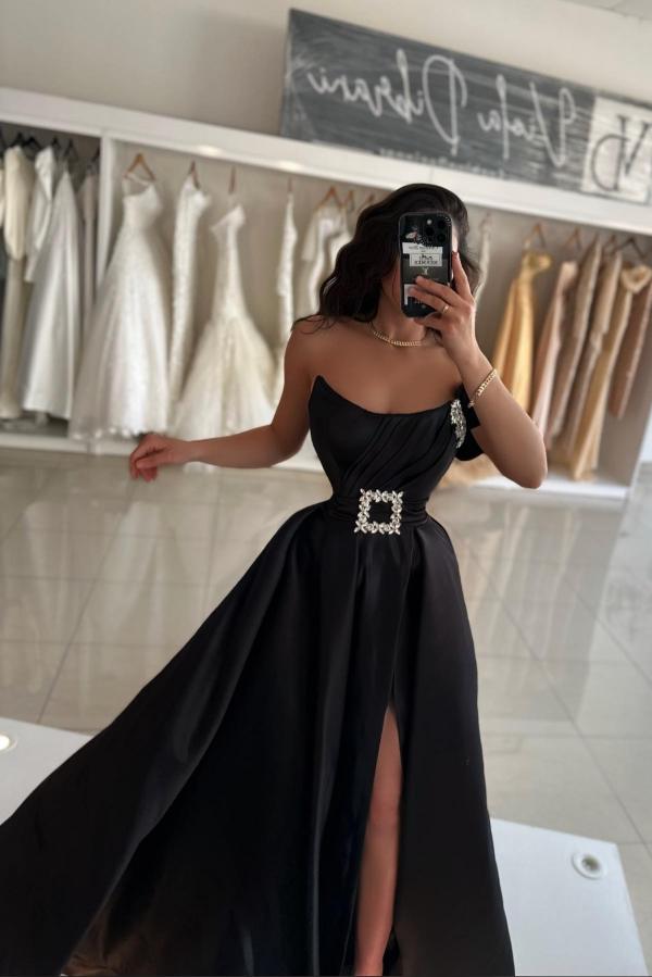 Elegante Abendkleider Lang Schwarz Satin Ballkleider Abiballkleider Schlicht-Misshow.de