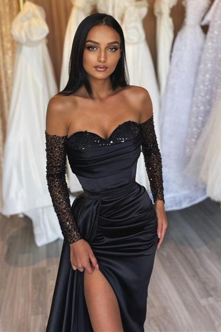 Schwarzes Abendkleid Lang Günstig | Abiballkleider mit Ärmel-Misshow.de