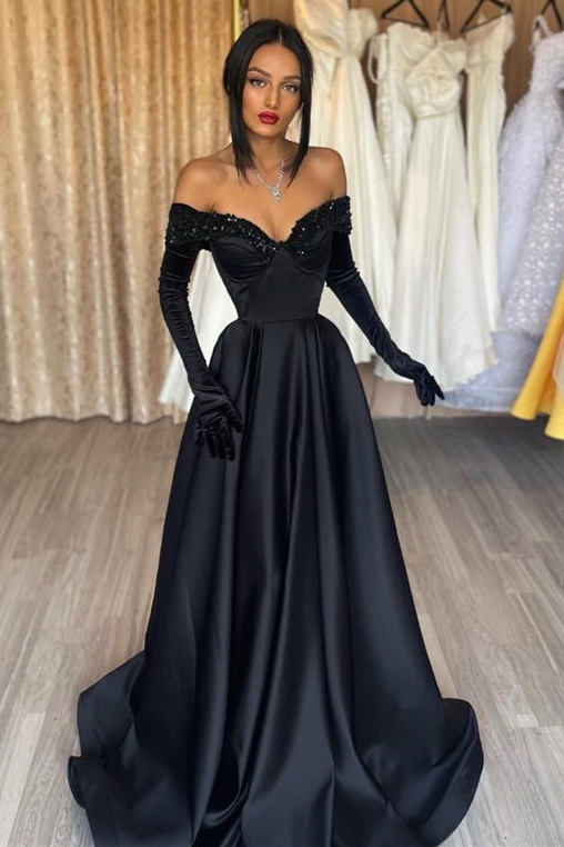 Schwarze Abendkleider Lang Satin | Abiballkleider mit Ärmel