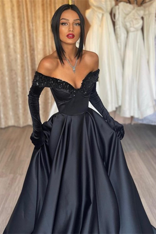 Schwarze Abendkleider Lang Satin | Abiballkleider mit Ärmel