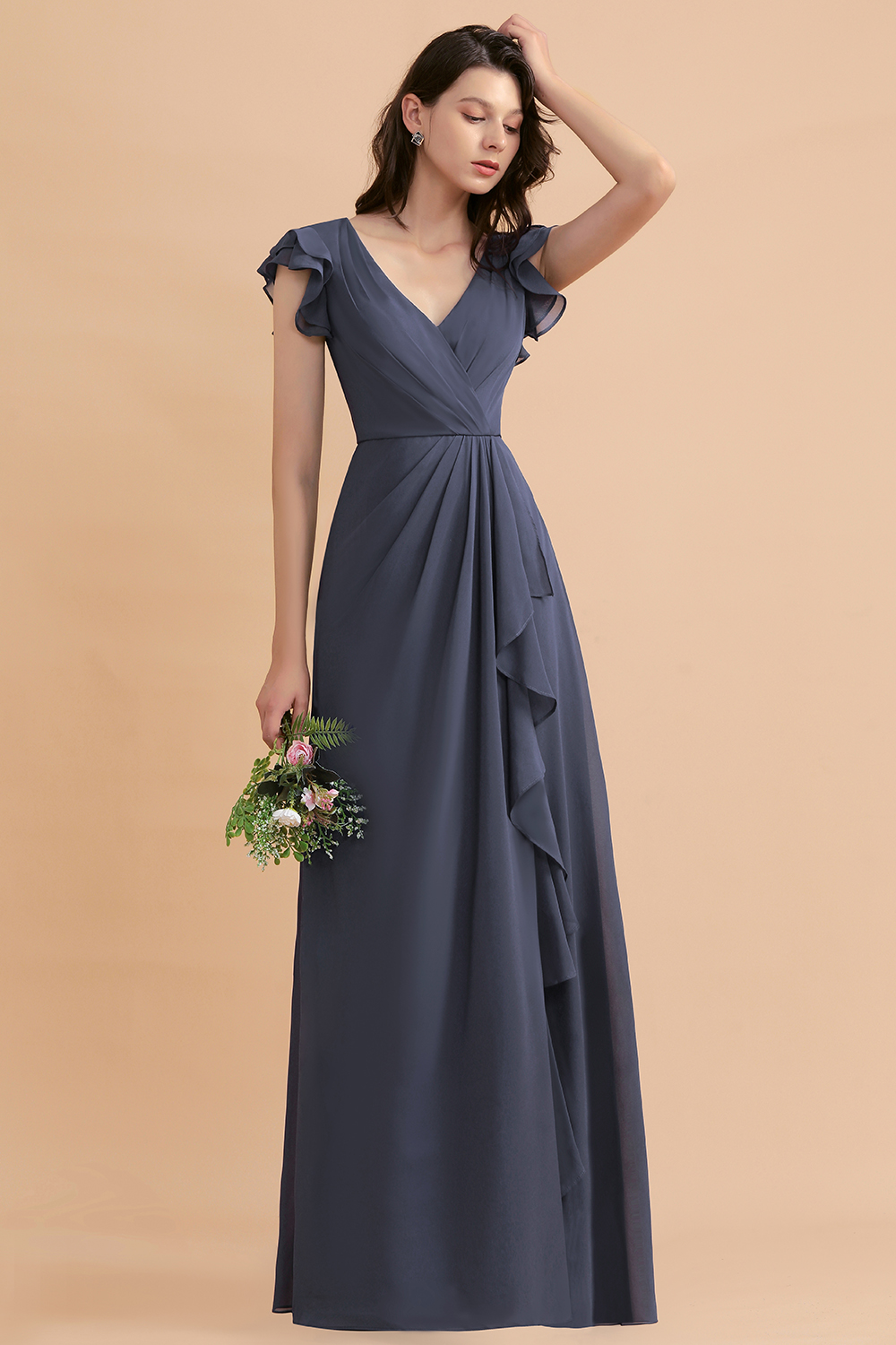 Grey Brautjungfernkleider Lang Günstig | Chiffon Kleider Online-Misshow.de