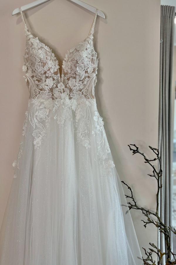 Schöne Brautkleider A-Linie Lang Hochzeitskleider mit Spitze