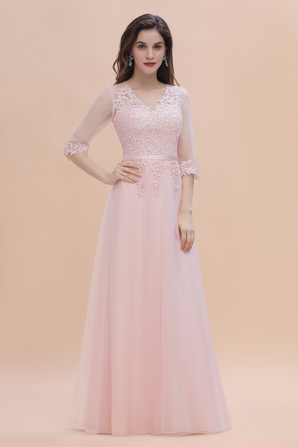 Brautjungfernkleider Lang Rosa | Chiffon Kleider Mit Spitzen Ärmel-Misshow.de