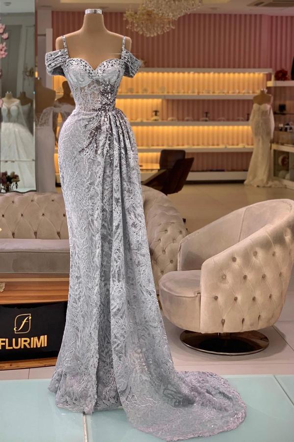 Silber Abendkleider Lang Spitze | Abiballkleider mit Glitzer