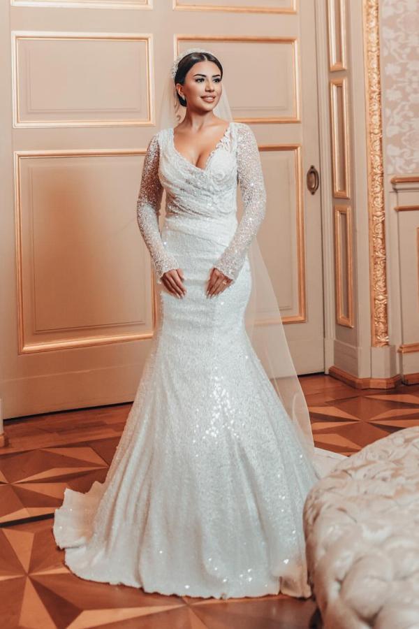 Schöne Brautkleider Glitzer mit Ärmel | Hochzeitskleider A Linie Satin