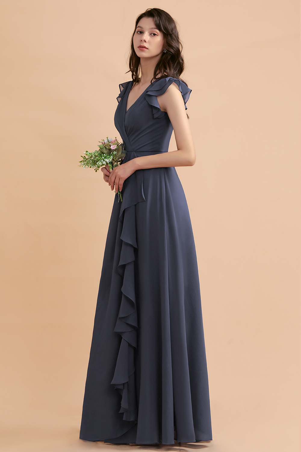 Grey Brautjungfernkleider Lang Günstig | Chiffon Kleider Online-Misshow.de