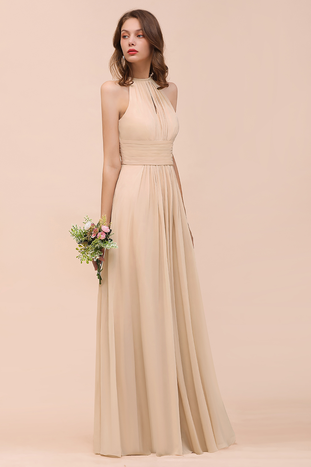 Champagne Brautjungfernkleider Lang Chiffon | Günstiges Brautjungfernkleid-Misshow.de