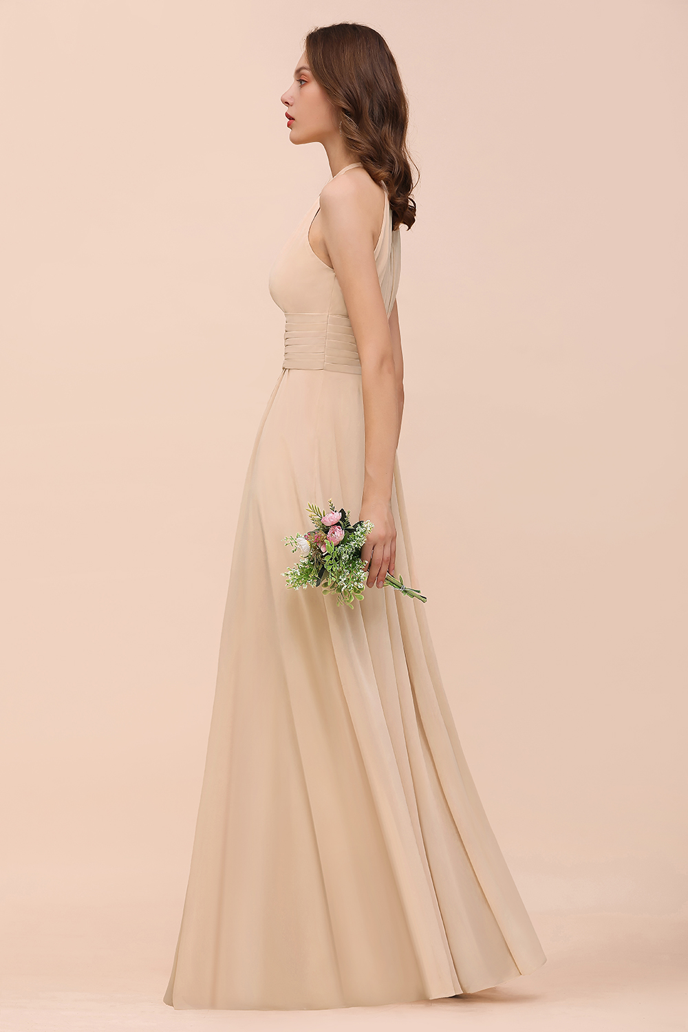 Champagne Brautjungfernkleider Lang Chiffon | Günstiges Brautjungfernkleid-Misshow.de