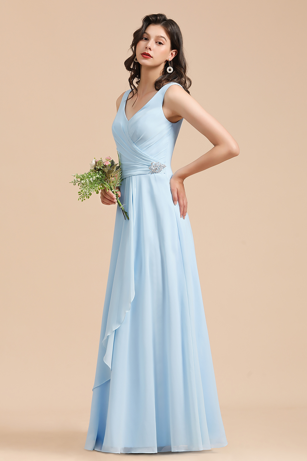 Brautjungfernkleider Heller Blau | Günstiges Brautjungfernkleid Lang Chiffon