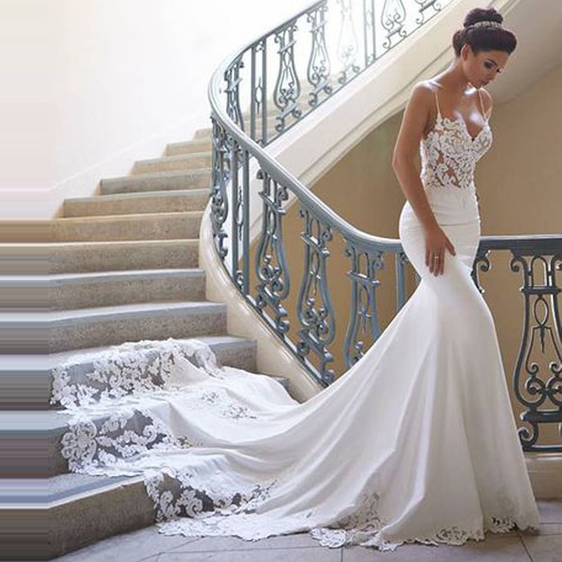 Elegante Brautkleid Weiß | Hochzeitskleid Meerjungfrau Mit Spitze-Misshow.de