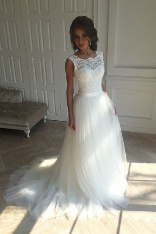 Elegant Brautkleider Weiß Mit Spitze Tüll Etuikleider Brautmoden Günstig Nach Mäßig-Misshow.de