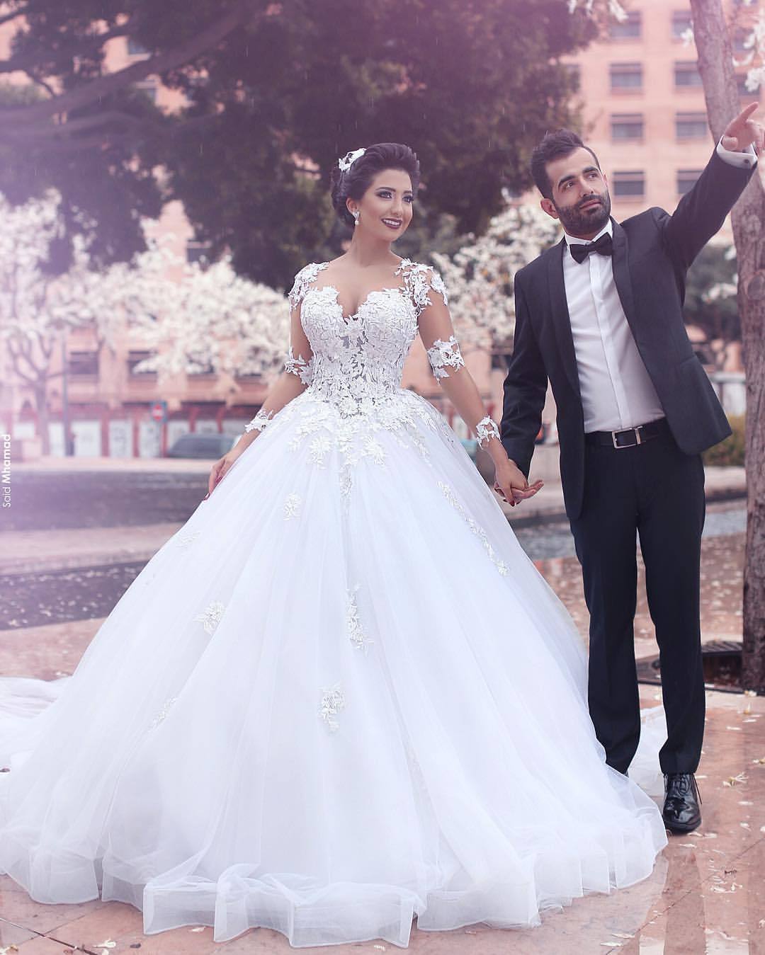 Designer Weiß Brautkleider Lang Ärmel Mit Spitze Prinzessin Organza Hochzeitskleider