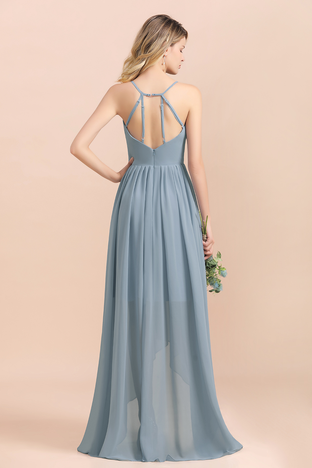 Dusty Blau Brautjungfernkleider Lang Chiffon | Hochzeitspartykleider günstig-Misshow.de