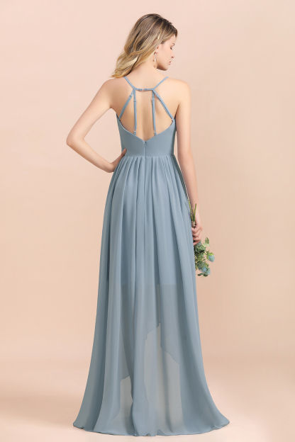 Dusty Blau Brautjungfernkleider Lang Chiffon | Hochzeitspartykleider günstig