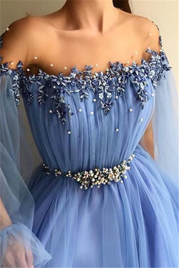 Elegante Abendkleider Lang Blau | Abiballkleider mit Ärmel-Misshow.de