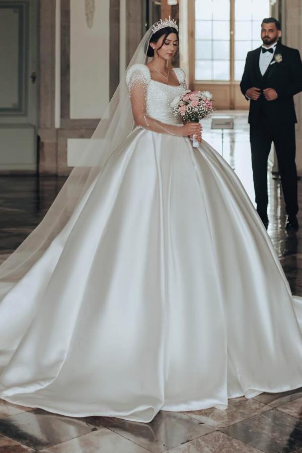 Designer Brautkleider Satin | Glitzer Hochzeitskleider mit Ärmel
