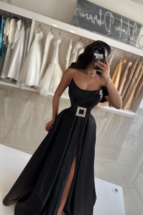 Elegante Abendkleider Lang Schwarz Satin Ballkleider Abiballkleider Schlicht
