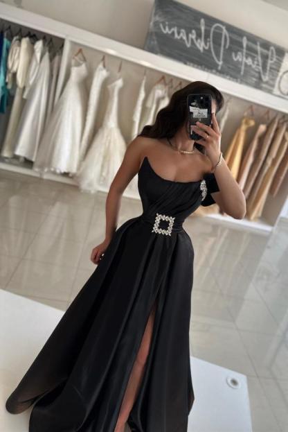 Elegante Abendkleider Lang Schwarz Satin Ballkleider Abiballkleider Schlicht