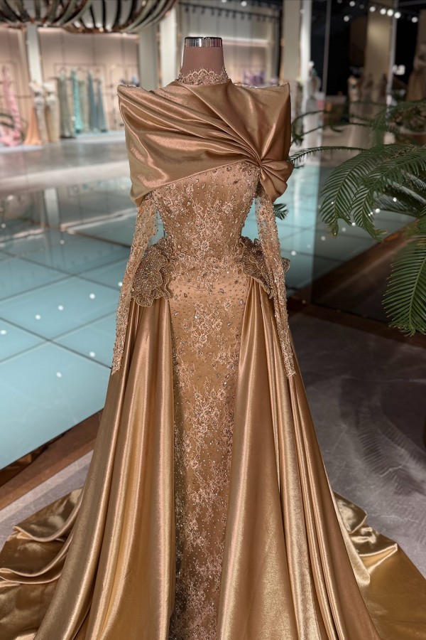 Designer Abendkleider Lang Gold Spitze Ballkleider mit Ärmel