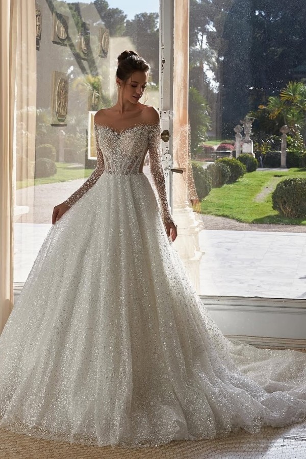 Luxus Hochzeitskleider A LinieGlitzer Brautkleider mit Ärmel