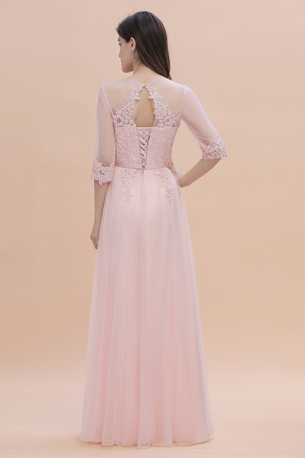 Brautjungfernkleider Lang Rosa | Chiffon Kleider Mit Spitzen Ärmel-Misshow.de