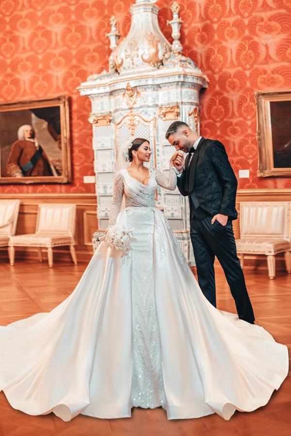 Schöne Brautkleider Glitzer mit Ärmel | Hochzeitskleider A Linie Satin