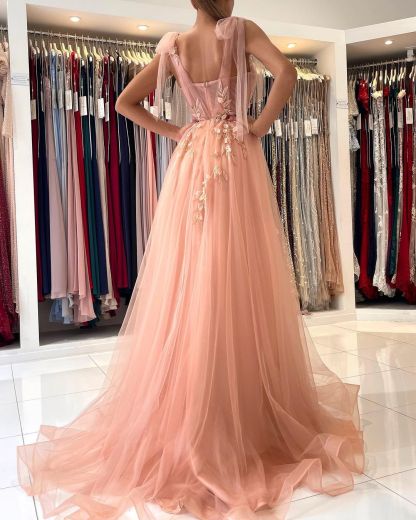 Peach Abendkleider Lang Günstig | Schöne Abiballkleider mit Spitze