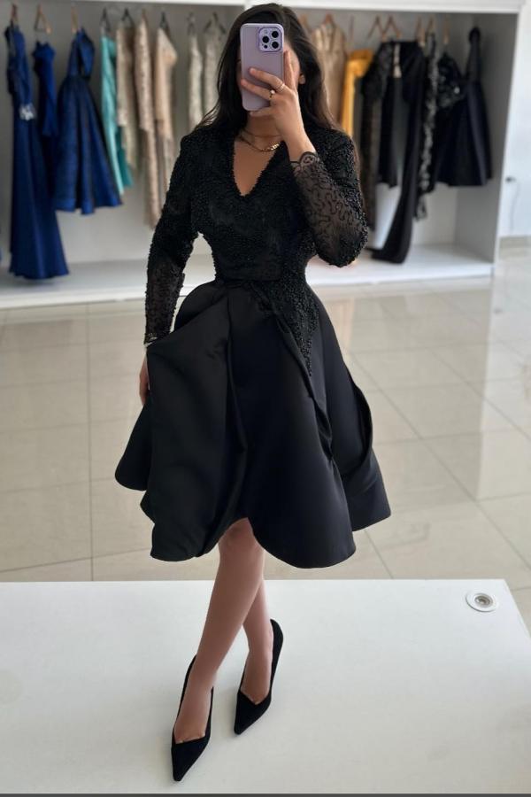 Vintage Cocktailkleider Partykleider Kurz Schwarz Abiballkleider mit Ärmel