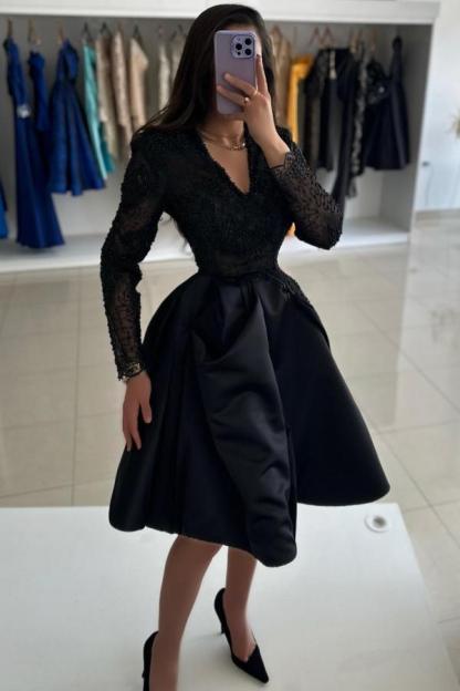 Vintage Cocktailkleider Partykleider Kurz Schwarz Abiballkleider mit Ärmel