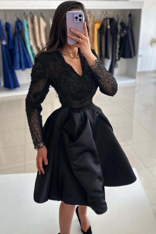 Vintage Cocktailkleider Partykleider Kurz Schwarz Abiballkleider mit Ärmel