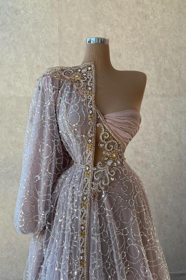Elegante Abendkleider Lang Dusty Rosa | Abiballkleider Glitzer mit Ärmel