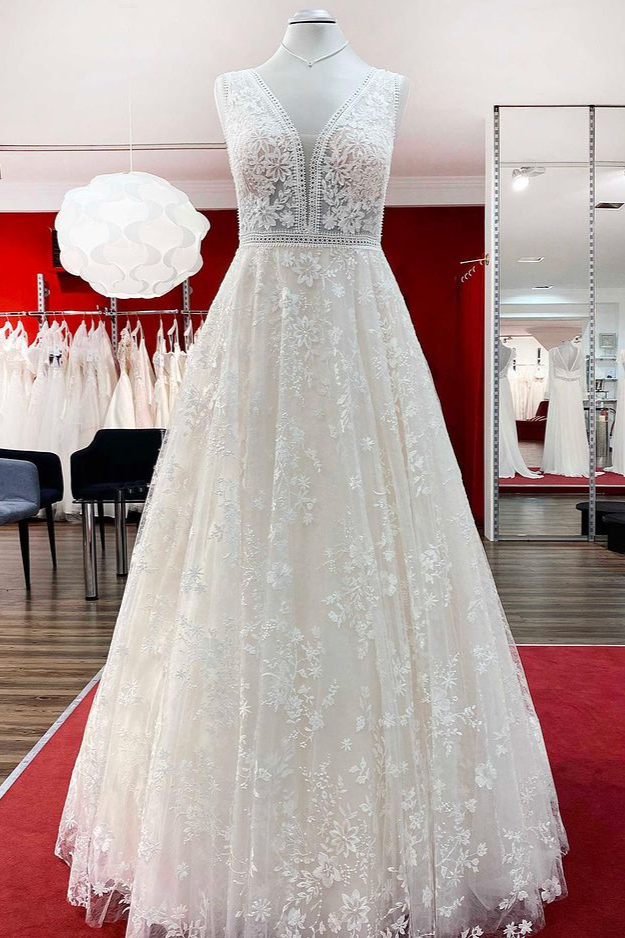 Brautkleider V Ausschnitt Mit Spitze | Creme Hochzeitskleider A Linie-Misshow.de