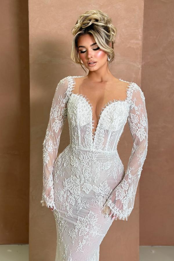 Elegante Abendkleider Lang Weiß | Abiballkleid mit Spitze-Misshow.de
