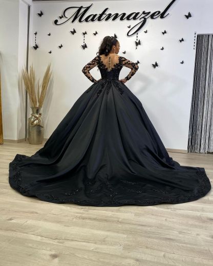 Gothic Hochzeitskleider Prinzessin Satin Schwarze Brautkleider mit Ärmel
