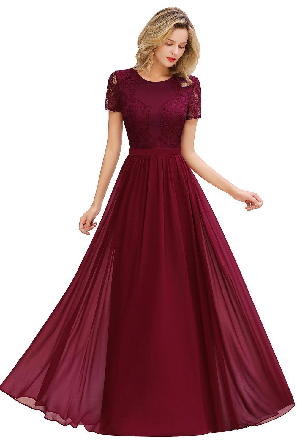 Elegante Abendkleider Lang Weinrot | Abiballkleider Ballkleider mit Ärmel-Misshow.de