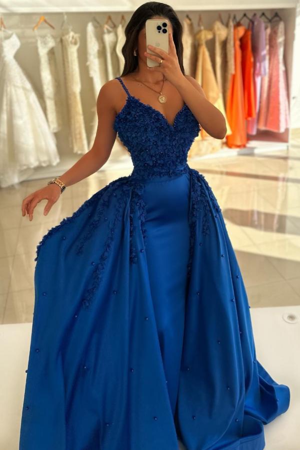 Lange Abendkleider Blau Spitze | Abiballkleid Abendmode online