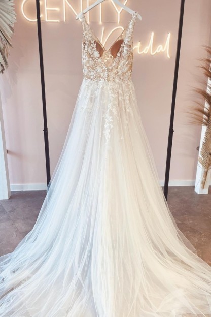 Schöne Brautkleider V-Ausschnitt A-Linie | Hochzeitskleider Spitzer