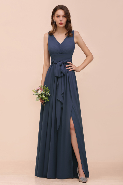 Elegante Brautjungfernkleider Lang Günstig | Blaue Chiffon Kleider
