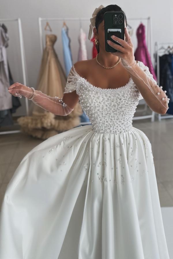 Weiße Abendkleider Lang Satin Abiballkleider Ballkleider mit Glitzer