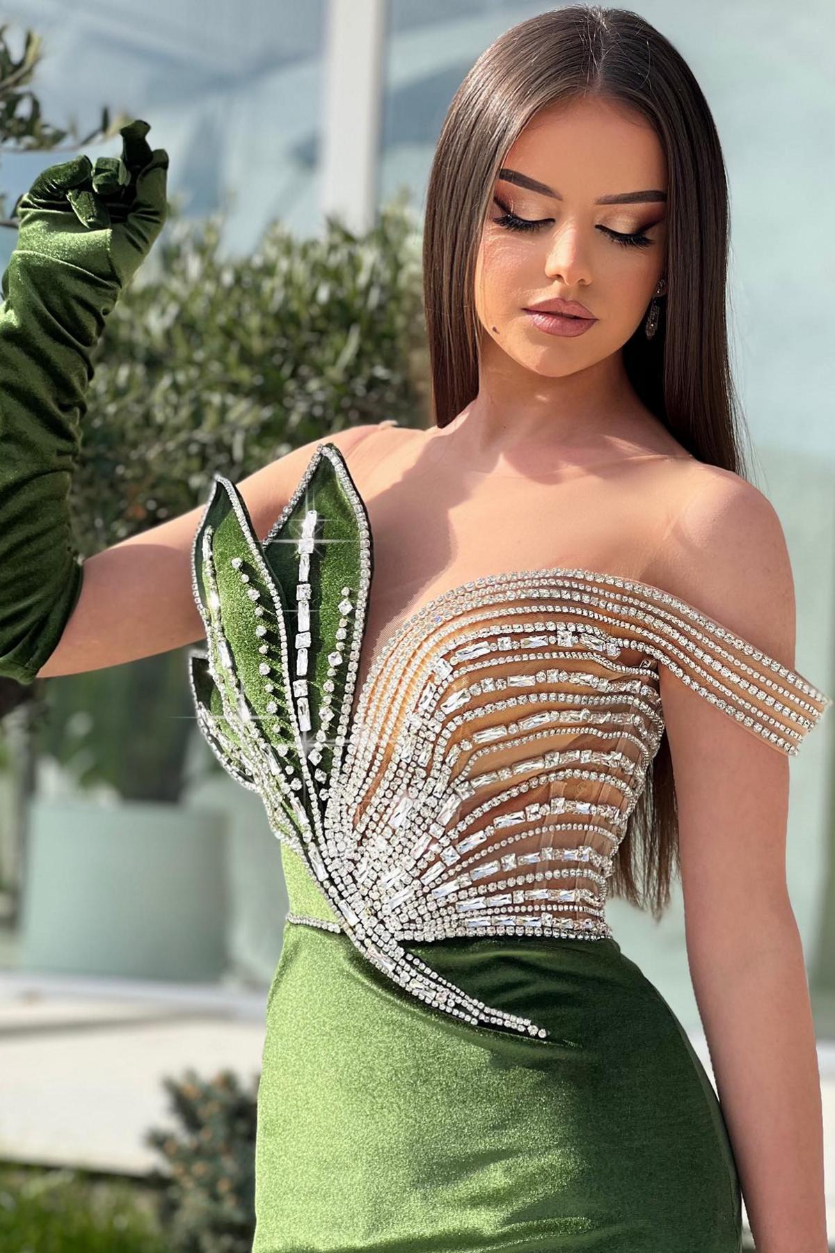 Designer Abendkleider Lang Grün mit Glitzer Abiballkleider Velvet