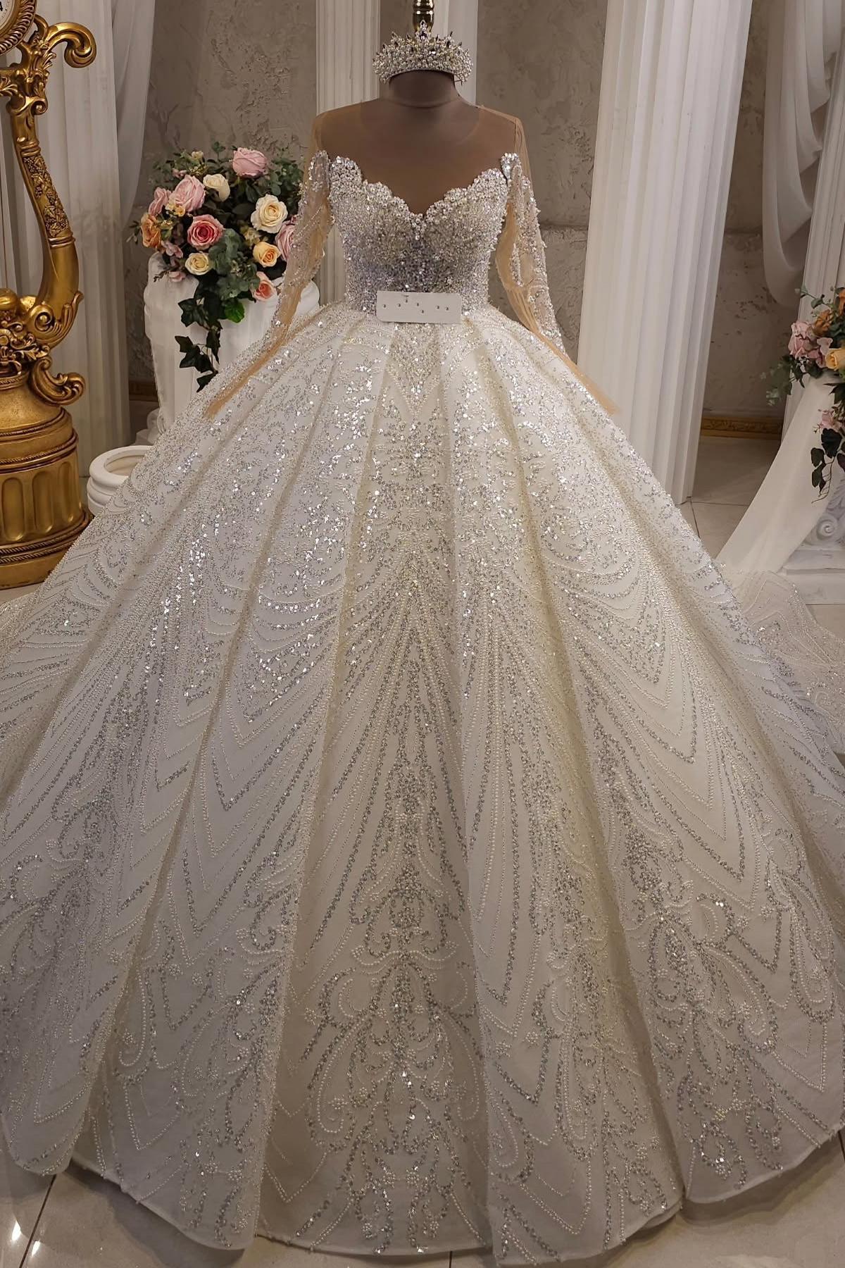 Extravagante Hochzeitskleider Prinzessin Brautkleider Glitzer mit Ärmel