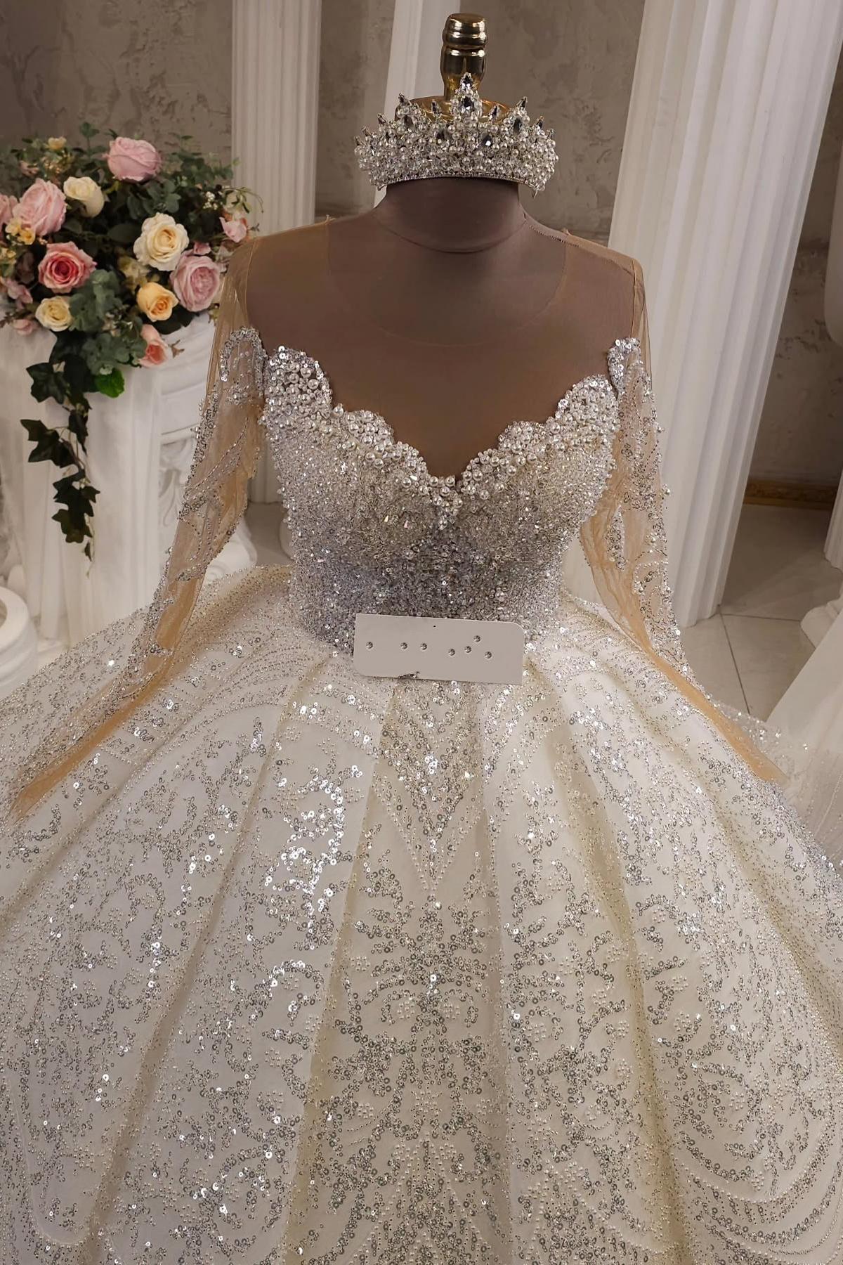 Extravagante Hochzeitskleider Prinzessin Brautkleider Glitzer mit Ärmel