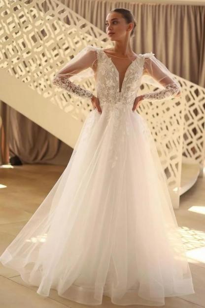 Wunderschöne Brautkleider V Ausschnitt | A Linie Hochzeitskleider mit Ärmel