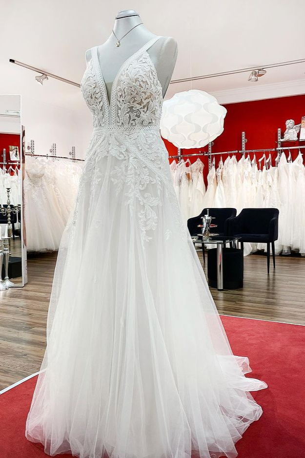 Schöne Brautkleider A Linie V Ausschnitt | Hochzeitskleider mit Spitze-Misshow.de