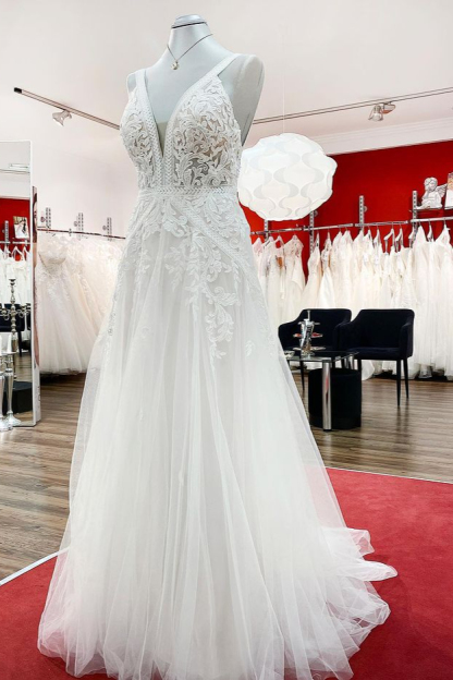 Schöne Brautkleider A Linie V Ausschnitt | Hochzeitskleider mit Spitze
