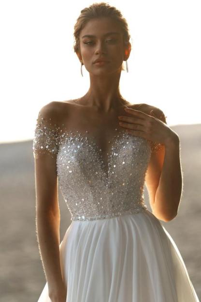 Elegante Boho Hochzeitskleider A Linie Chiffon Brautkleider mit Glitzer